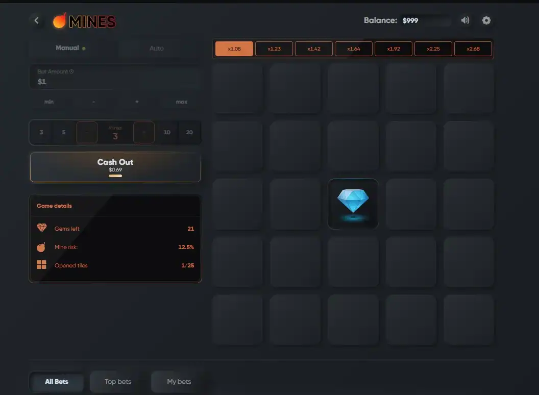 mines casino spel raster met multiplier